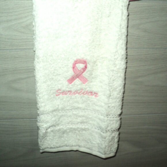 Breast Cancer Survivor Ribbon Embroidered Luxury White Hand Towel Support - Picture 2 of 5